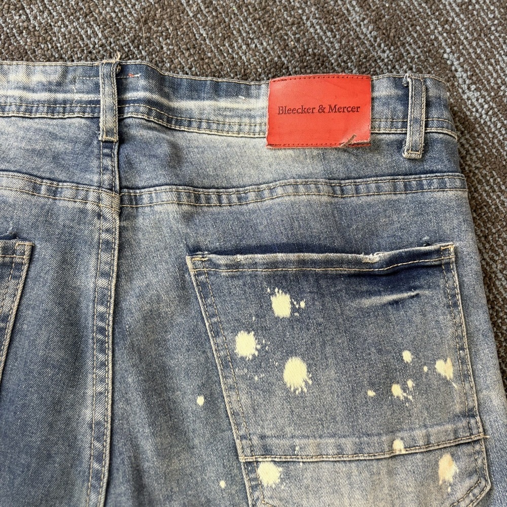 Bleecker & Mercer Mens Jeans 36x32 Skinny Fit Distressed Ripped Light Wash Blue - Picture 4 of 7